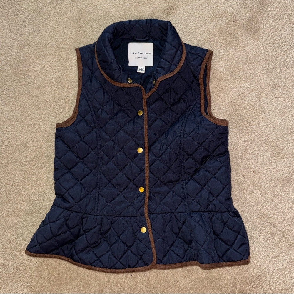 Janie and Jack Navy Quilted Vest with Brown Trim
